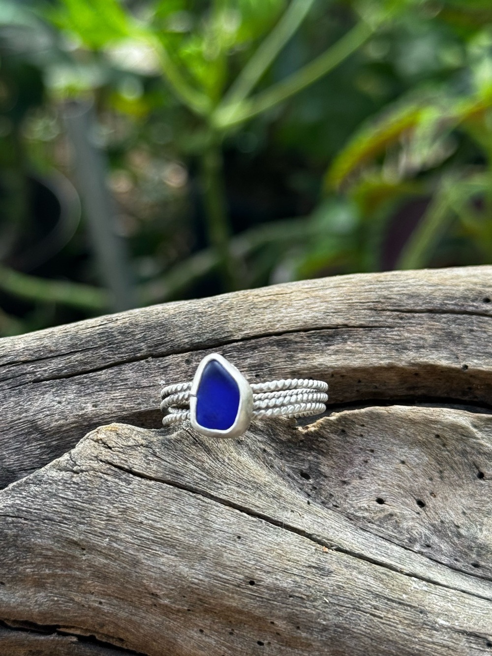 Cobalt blue  sea glass Sea tumbled sea glass sterling & fine silver ring
